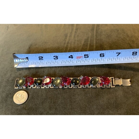 VTG Ruby Red & Smoky Gray Glass Cabochon Link Bracelet Gold Tone Art Deco Style - Picture 15 of 15